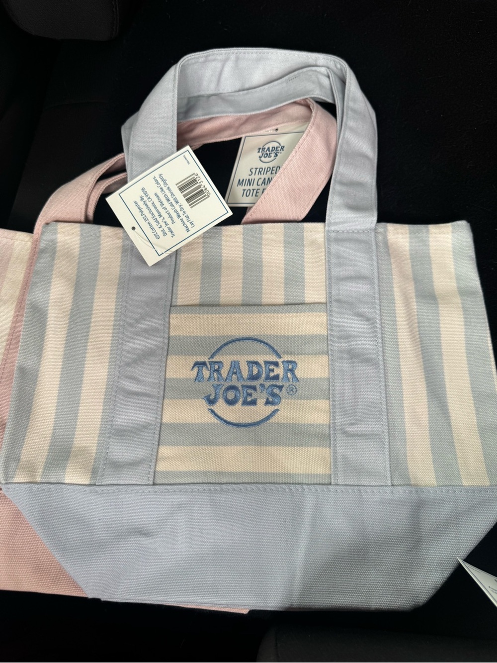 Trader Joe's blue striped canvas tote bag